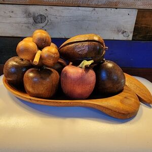 Vintage carved wooden fruit with tray